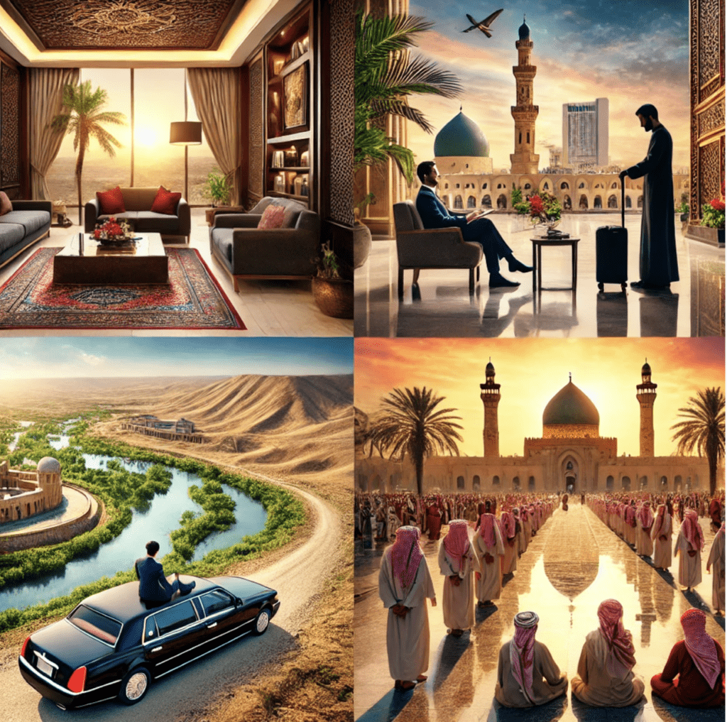 A collage showcasing diverse travel experiences in Iraq, including luxury hotels, ancient Mesopotamian ruins, nature reserves, cityscapes, religious sites in Najaf and Karbala, and desert luxury tents at sunset.
